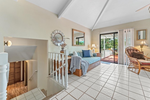 tiled living room with vaulted ceiling with beams