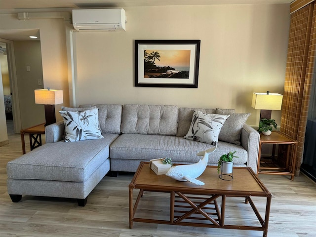 living room with wood-type flooring and a wall mounted air conditioner