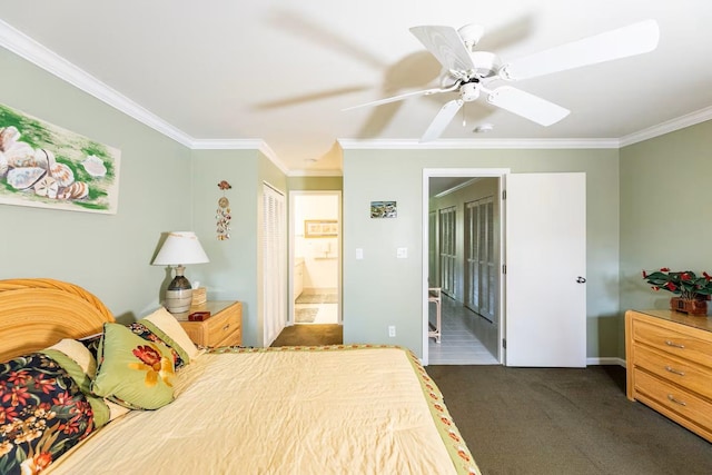 2777 S Kihei Rd Unit K 106, Kihei, HI 96753 - bedroom featuring crown molding, dark carpet, ensuite bathroom, a closet, and ceiling fan