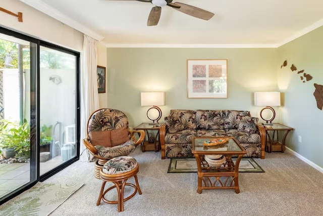 2777 S Kihei Rd Unit K 106, Kihei, HI 96753 - carpeted living area with ornamental molding, a ceiling fan, and baseboards