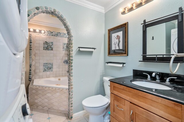 bathroom featuring toilet, crown molding, tiled bath, tile patterned floors, and vanity