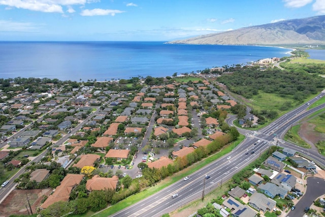 bird's eye view featuring a water and mountain view