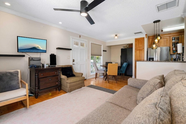 living room with a textured ceiling, crown molding, and light wood-type flooring