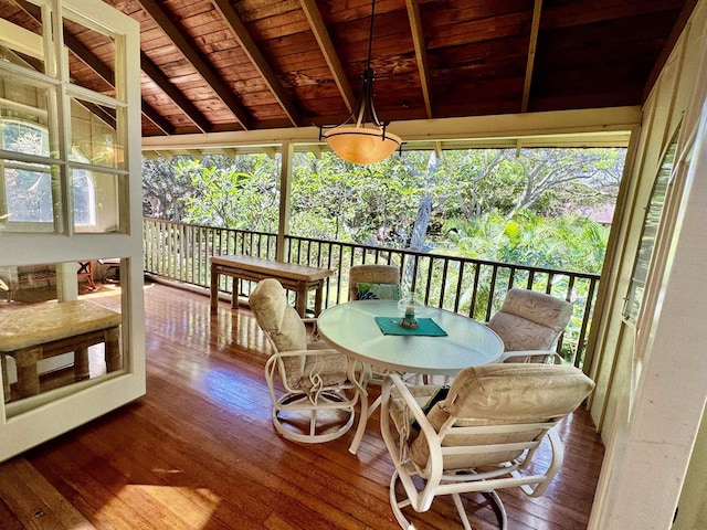 sunroom with lofted ceiling with beams and wood ceiling