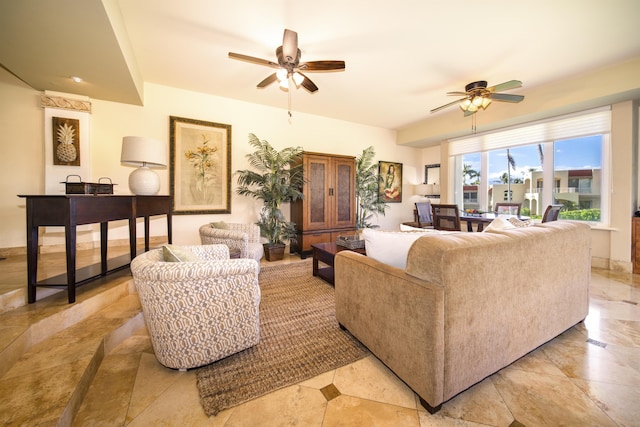 living room featuring ceiling fan