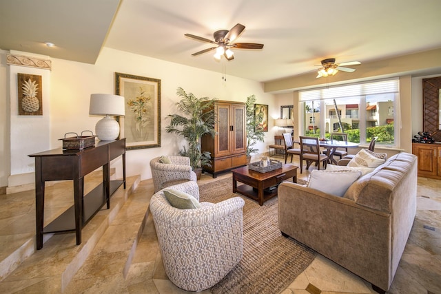 living room featuring ceiling fan