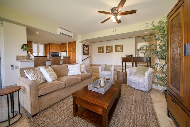 living room featuring ceiling fan, an AC wall unit, light tile patterned flooring, and recessed lighting