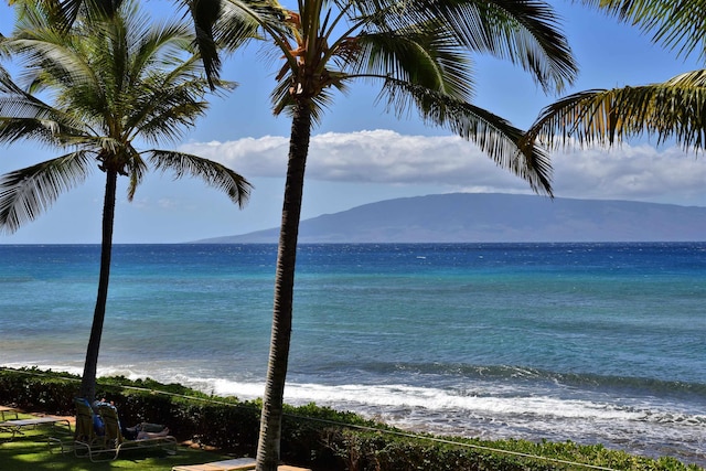 view of water feature featuring a mountain view and a view of the beach