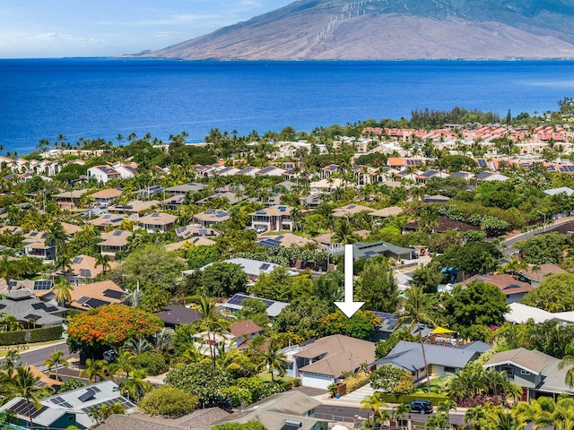 birds eye view of property with a water and mountain view