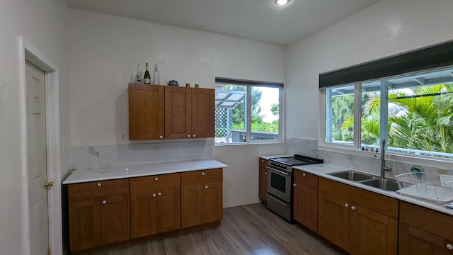 kitchen with wood-type flooring, backsplash, stainless steel stove, and sink