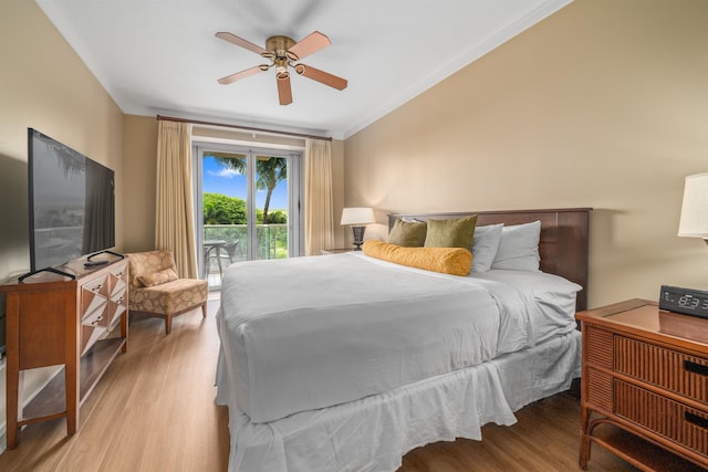 bedroom with access to outside, ceiling fan, crown molding, and light wood-type flooring