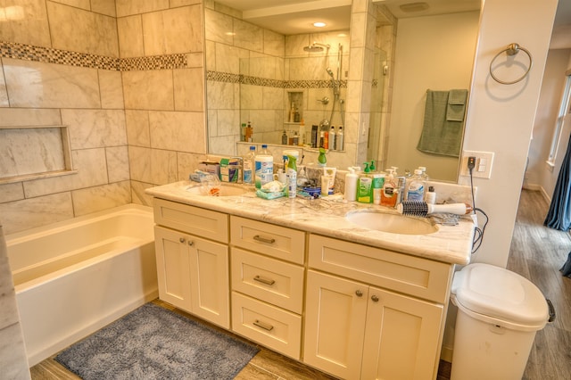 bathroom featuring double vanity, a sink, and walk in shower