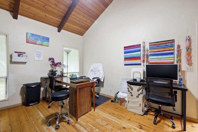 office with wooden ceiling, baseboards, lofted ceiling with beams, and hardwood / wood-style floors