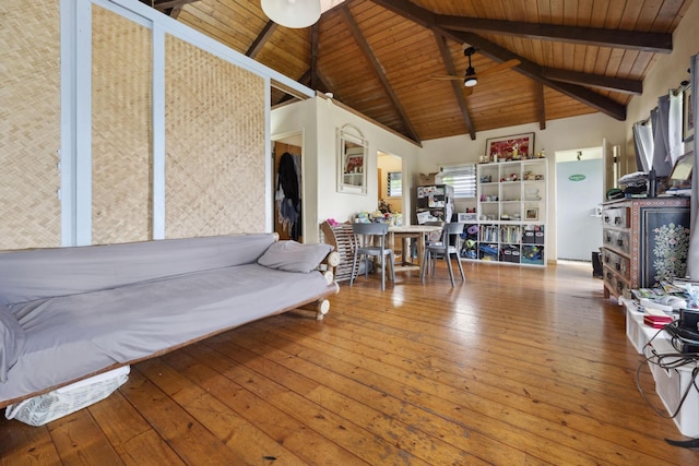 living room featuring ceiling fan, high vaulted ceiling, wooden ceiling, beam ceiling, and hardwood / wood-style floors