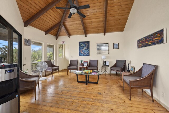 living area featuring wooden ceiling, light wood-style floors, and beam ceiling