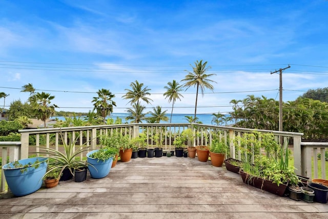 wooden terrace with a water view