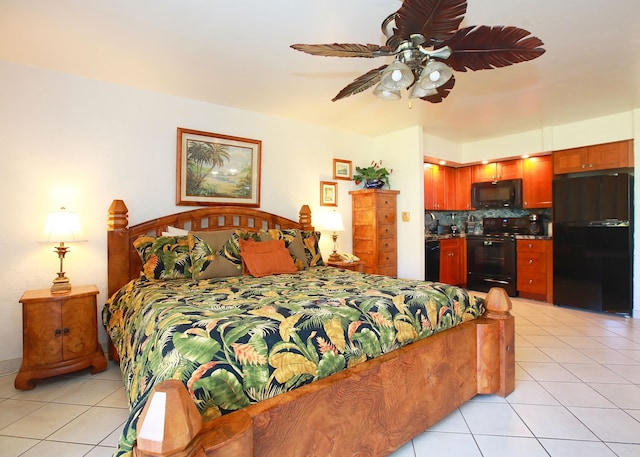 bedroom featuring freestanding refrigerator, ceiling fan, and light tile patterned floors