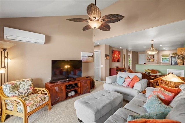 living room with carpet floors, ceiling fan, an AC wall unit, recessed lighting, and vaulted ceiling