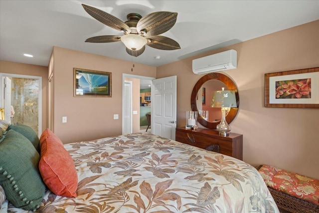 bedroom with a ceiling fan, recessed lighting, and a wall mounted air conditioner