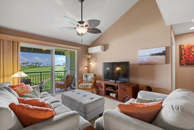 living area featuring an AC wall unit, ceiling fan, vaulted ceiling, and carpet