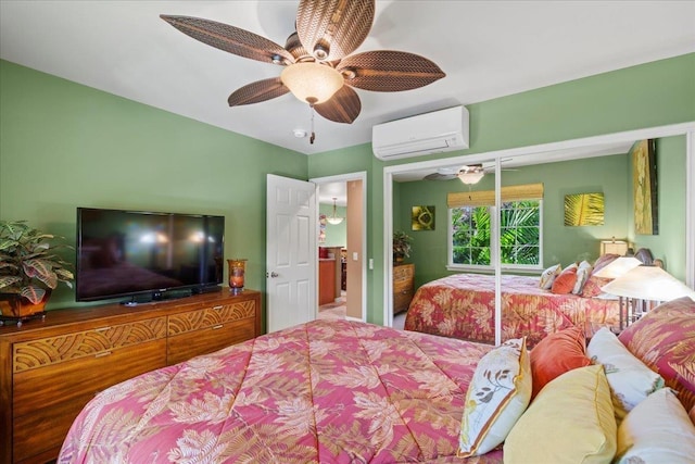carpeted bedroom featuring ceiling fan, a wall mounted AC, and a closet