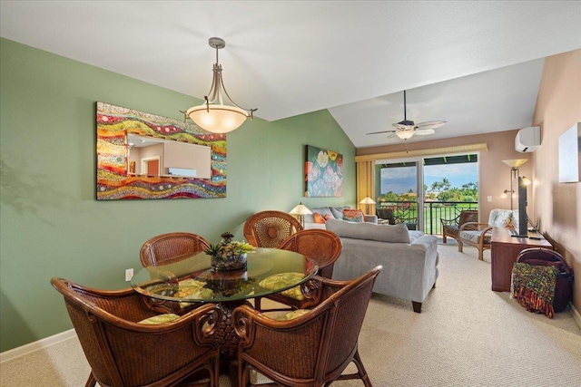 dining room featuring ceiling fan, a wall mounted air conditioner, carpet floors, baseboards, and lofted ceiling