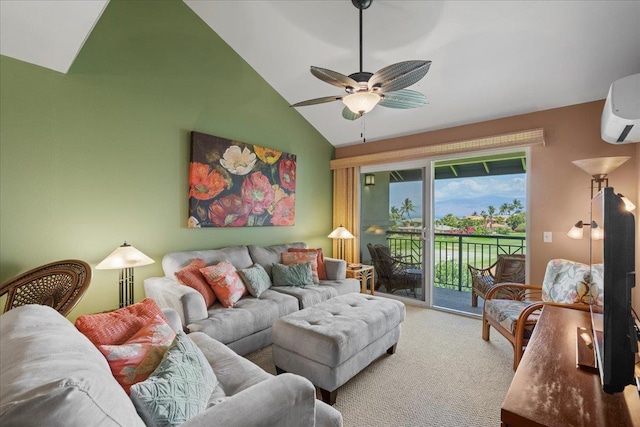 living area featuring high vaulted ceiling, a ceiling fan, carpet flooring, and an AC wall unit