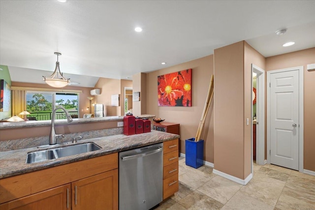kitchen with hanging light fixtures, brown cabinets, dishwasher, a sink, and baseboards