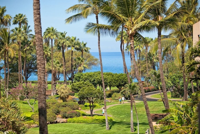 view of community with a yard and a water view