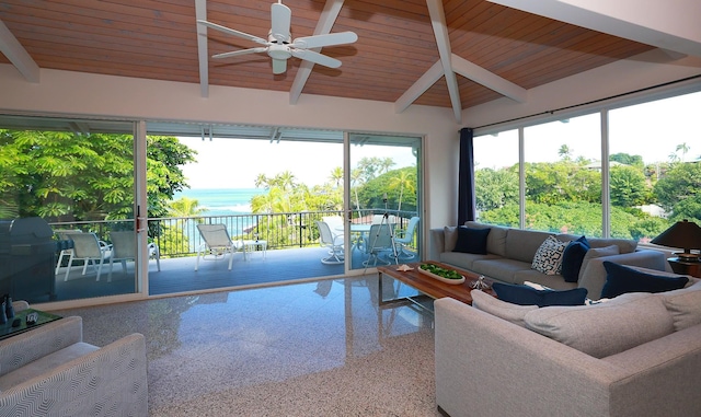 sunroom / solarium with a ceiling fan, a wealth of natural light, wood ceiling, and vaulted ceiling with beams