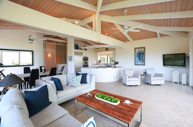 living room featuring speckled floor, beamed ceiling, and wooden ceiling