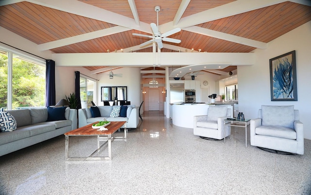 living room with a ceiling fan, lofted ceiling with beams, light speckled floor, and wooden ceiling