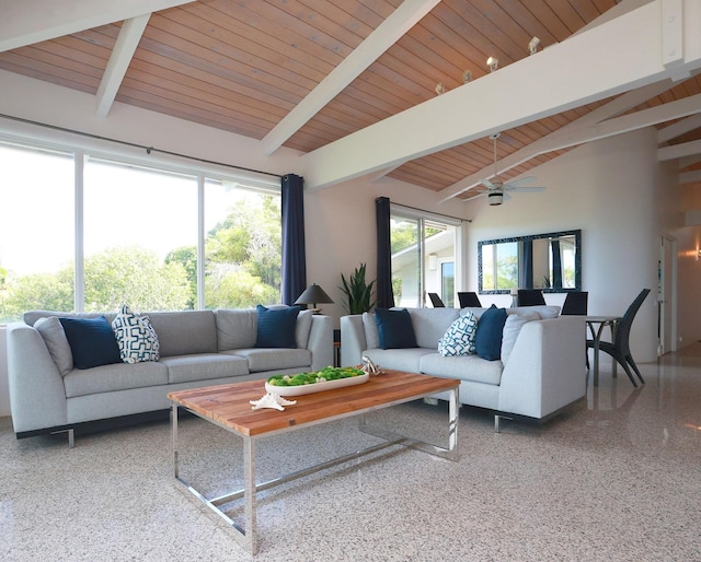 living room featuring high vaulted ceiling, a ceiling fan, beamed ceiling, and speckled floor