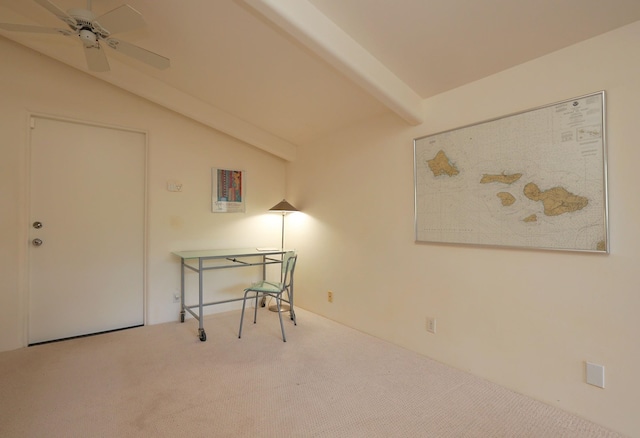 spare room featuring vaulted ceiling with beams, carpet, and ceiling fan