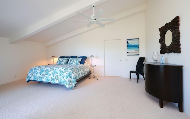 bedroom with light colored carpet, vaulted ceiling with beams, and ceiling fan