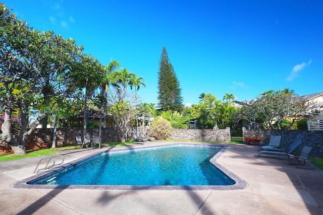 view of swimming pool with fence, a fenced in pool, and a patio