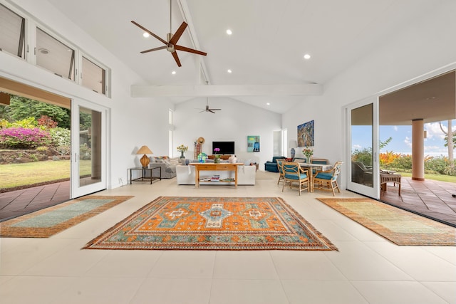 tiled living room featuring beam ceiling, french doors, high vaulted ceiling, and ceiling fan