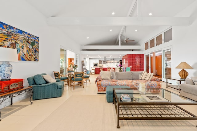 tiled living room with beamed ceiling, high vaulted ceiling, and ceiling fan