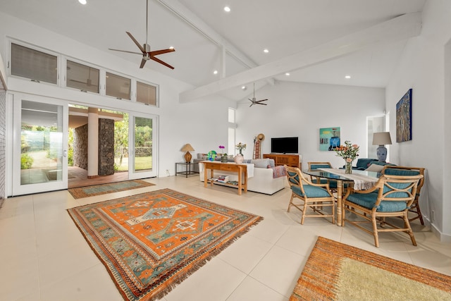 living room with beam ceiling, french doors, high vaulted ceiling, and light tile patterned floors