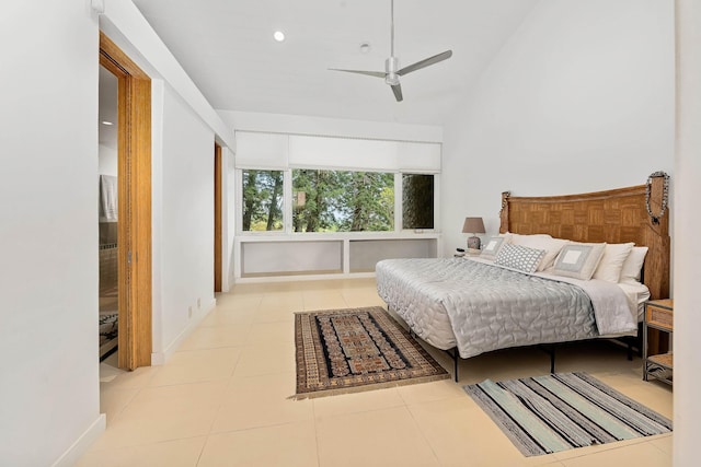 bedroom featuring ceiling fan and light tile patterned flooring