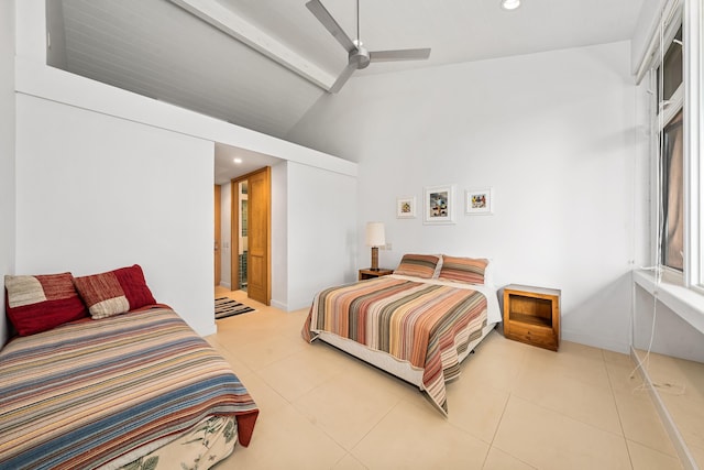 bedroom featuring beamed ceiling, ceiling fan, light tile patterned flooring, and high vaulted ceiling