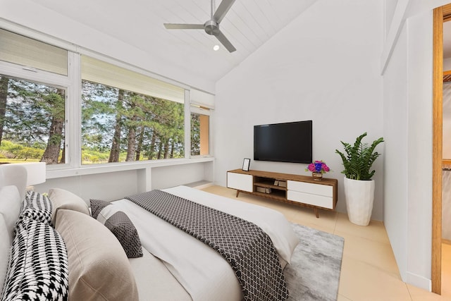 bedroom featuring vaulted ceiling, ceiling fan, wooden ceiling, and light tile patterned flooring