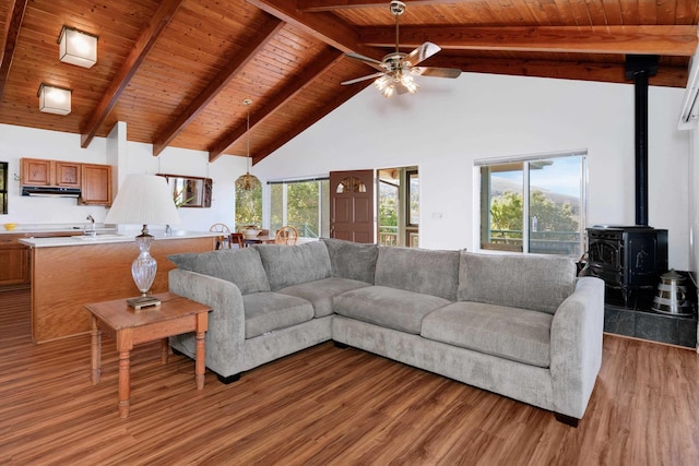 living room featuring a wood stove, wooden ceiling, high vaulted ceiling, light wood-type flooring, and beam ceiling