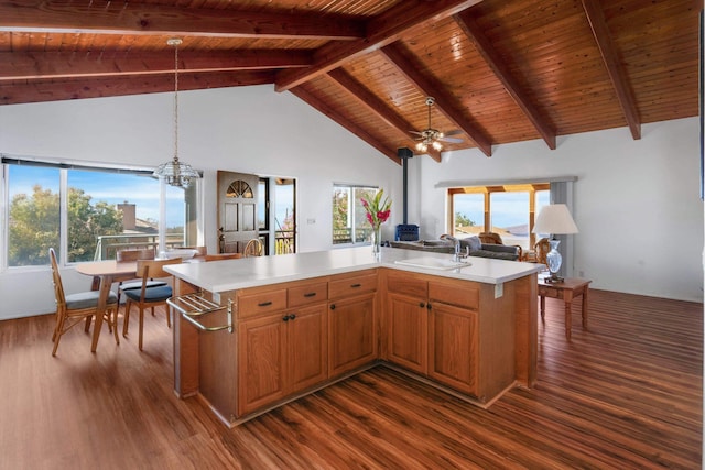 kitchen with decorative light fixtures, sink, wood ceiling, and an island with sink