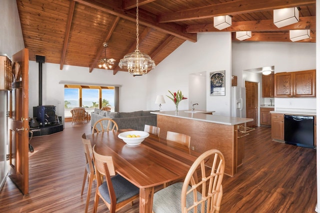 dining room featuring a wood stove, high vaulted ceiling, dark hardwood / wood-style floors, beam ceiling, and wood ceiling