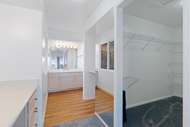 bathroom featuring vanity and hardwood / wood-style flooring