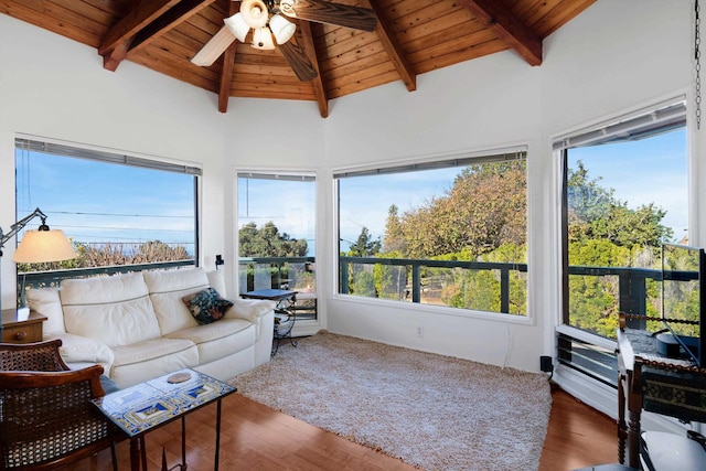 sunroom featuring lofted ceiling with beams, ceiling fan, and wooden ceiling