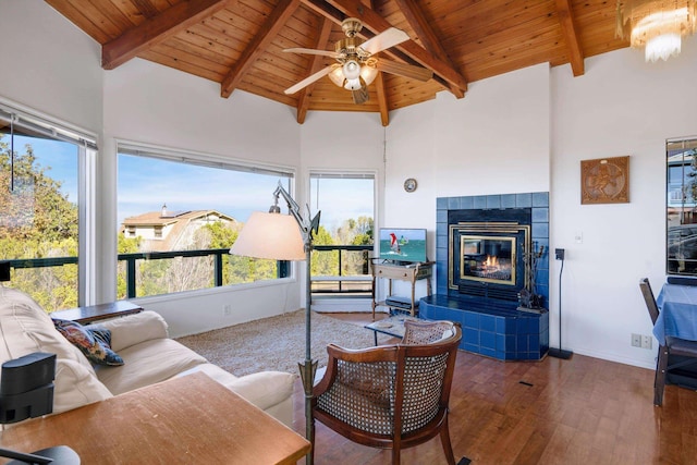 living room with ceiling fan, beam ceiling, wood ceiling, and high vaulted ceiling