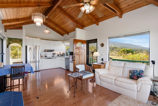 living room featuring a mountain view, wooden ceiling, high vaulted ceiling, and a healthy amount of sunlight