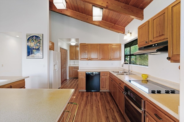 kitchen featuring stainless steel oven, white refrigerator with ice dispenser, electric cooktop, sink, and black dishwasher